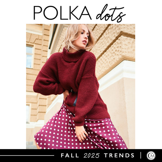 Woman wearing a red sweater and polka dot skirt with 'Polka Dots' text overlay.