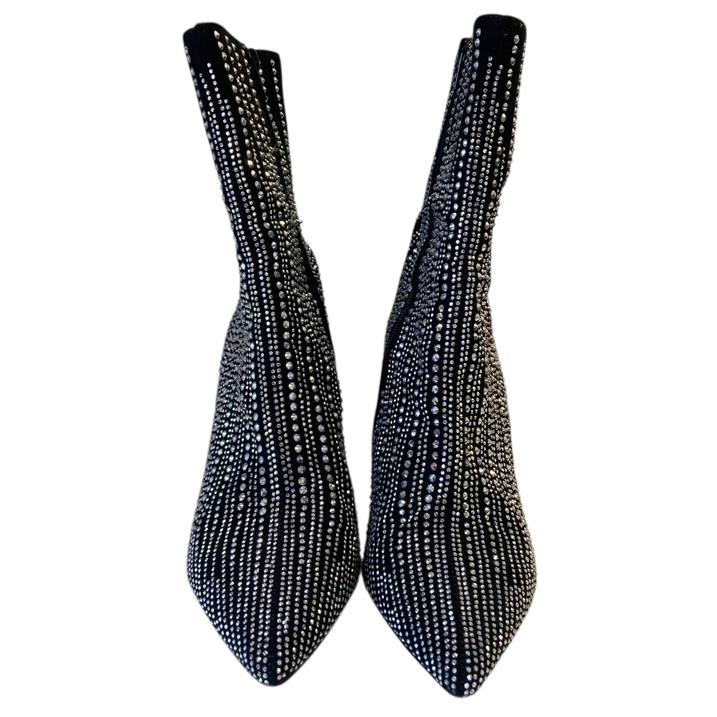 Boots Ankle Heels By Betsey Johnson In Black & Silver, Size:9.5