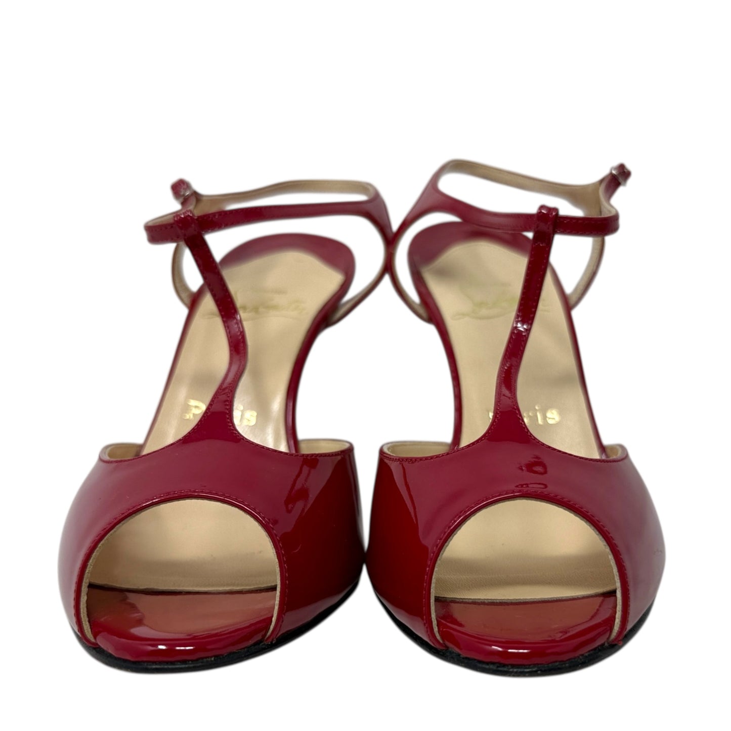 Ernesta T-Strap Patent Leather Pumps Luxury Designer By Christian Louboutin In Red, Size: 7