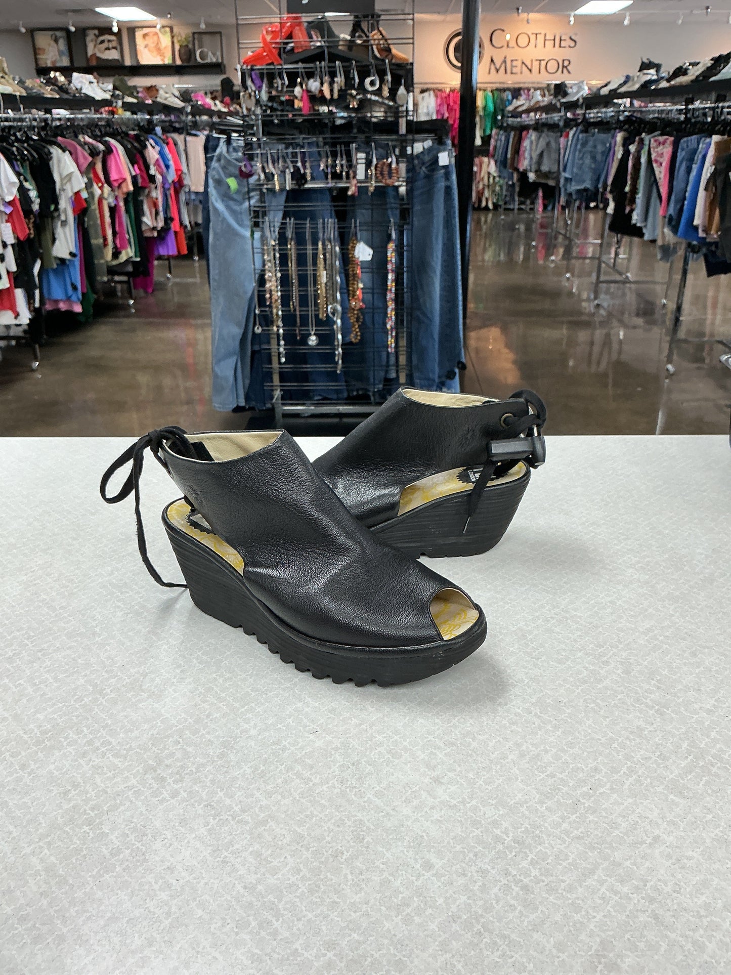 Sandals Heels Wedge By Fly London In Black, Size:8.5