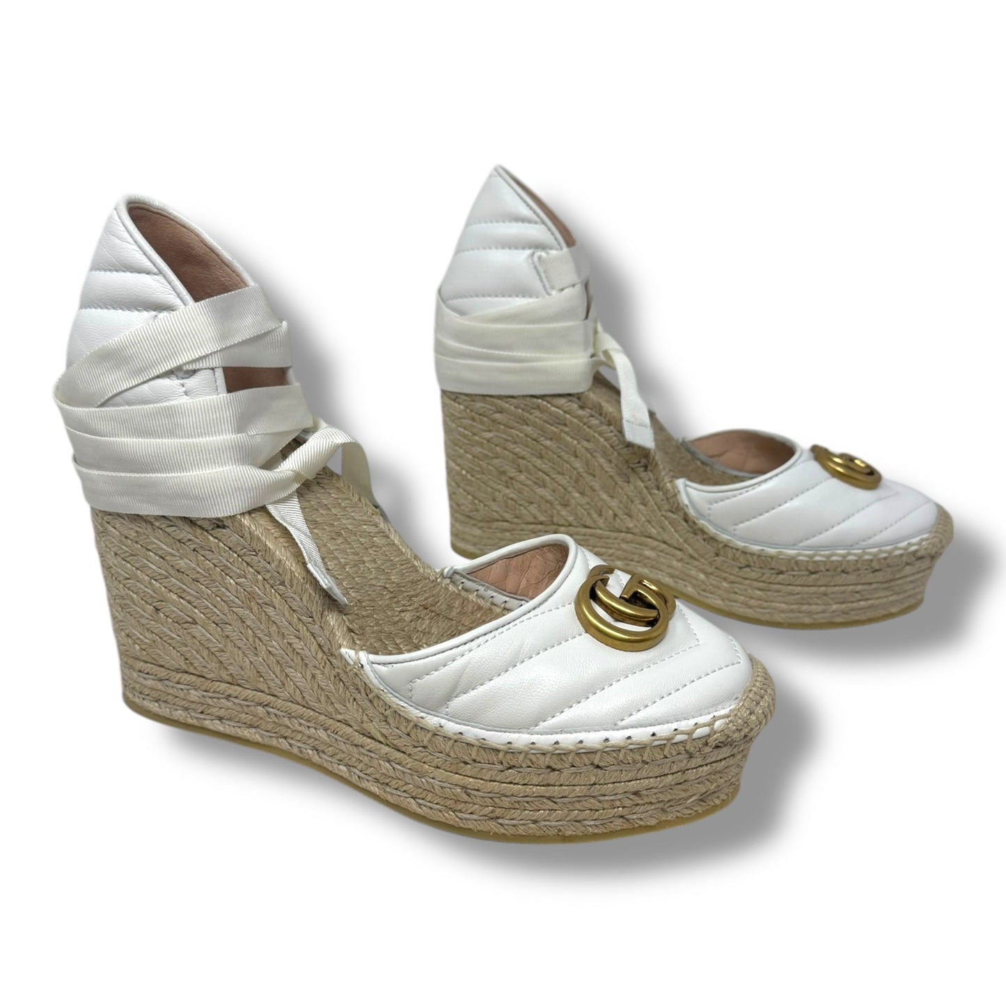 GG Logo Quilted Leather Wrap Espadrille Wedge Shoes Luxury Designer By Gucci In White, Size: 9