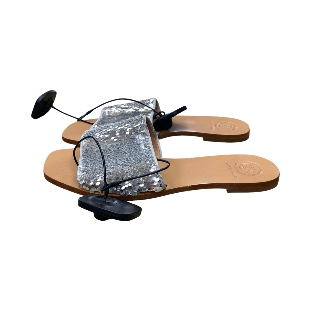 Sandals Designer By Tory Burch In Silver & Tan, Size:6.5