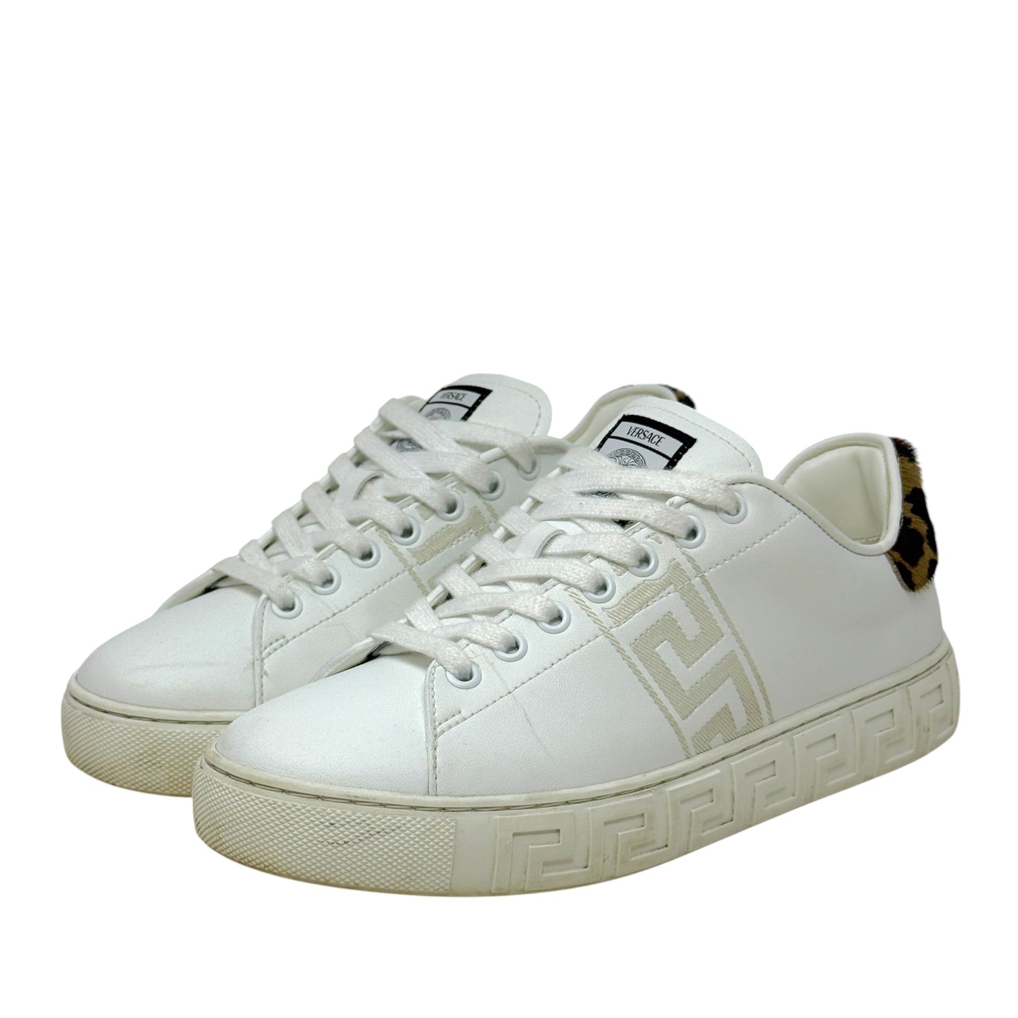 Greca Leopard Embroidered Sneakers Luxury Designer By Versace In White, Size: 7.5