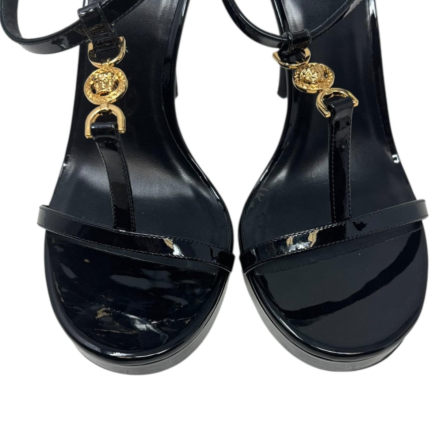 Medusa ‘95 Patent Strappy Stiletto Heels 115mm Shoes Luxury Designer By Versace In Black, Size: 11 (IT 41)