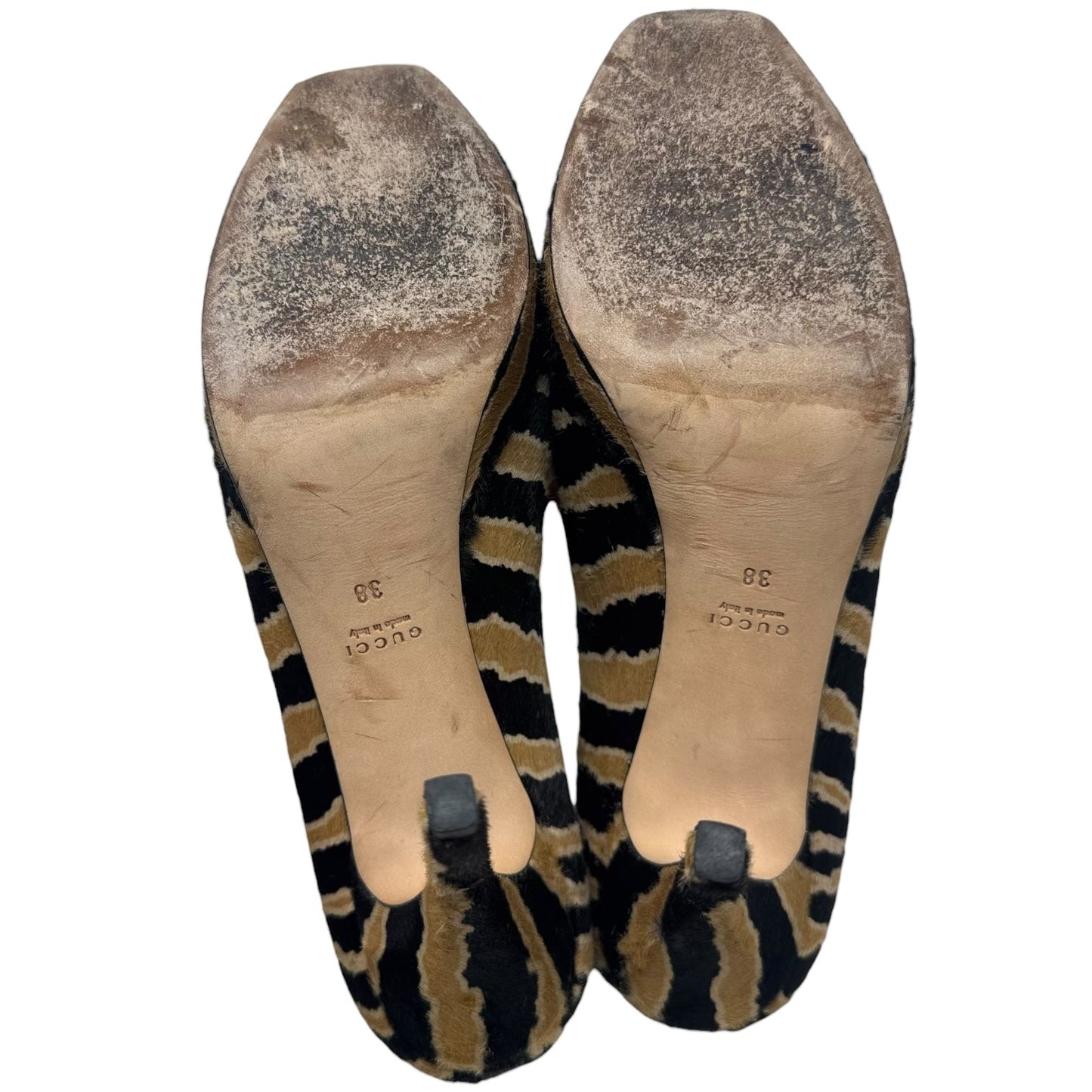 Calfhair Platform Heels Shoes Luxury Designer By Gucci In Animal Print, Size: 8