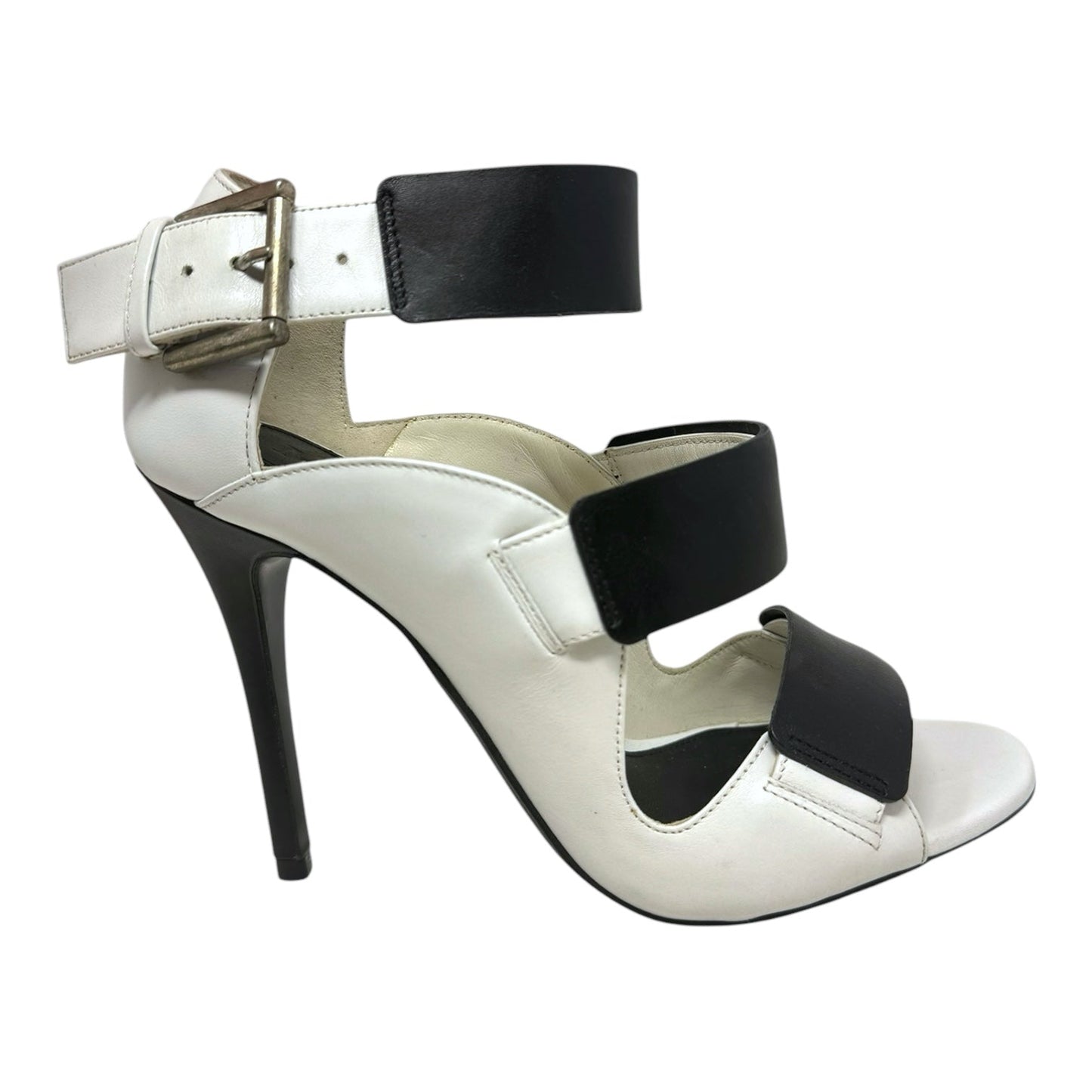 Triple Buckle Leather Stiletto Sandals Luxury Designer By Alexander Mcqueen In Black & White, Size: 6.5