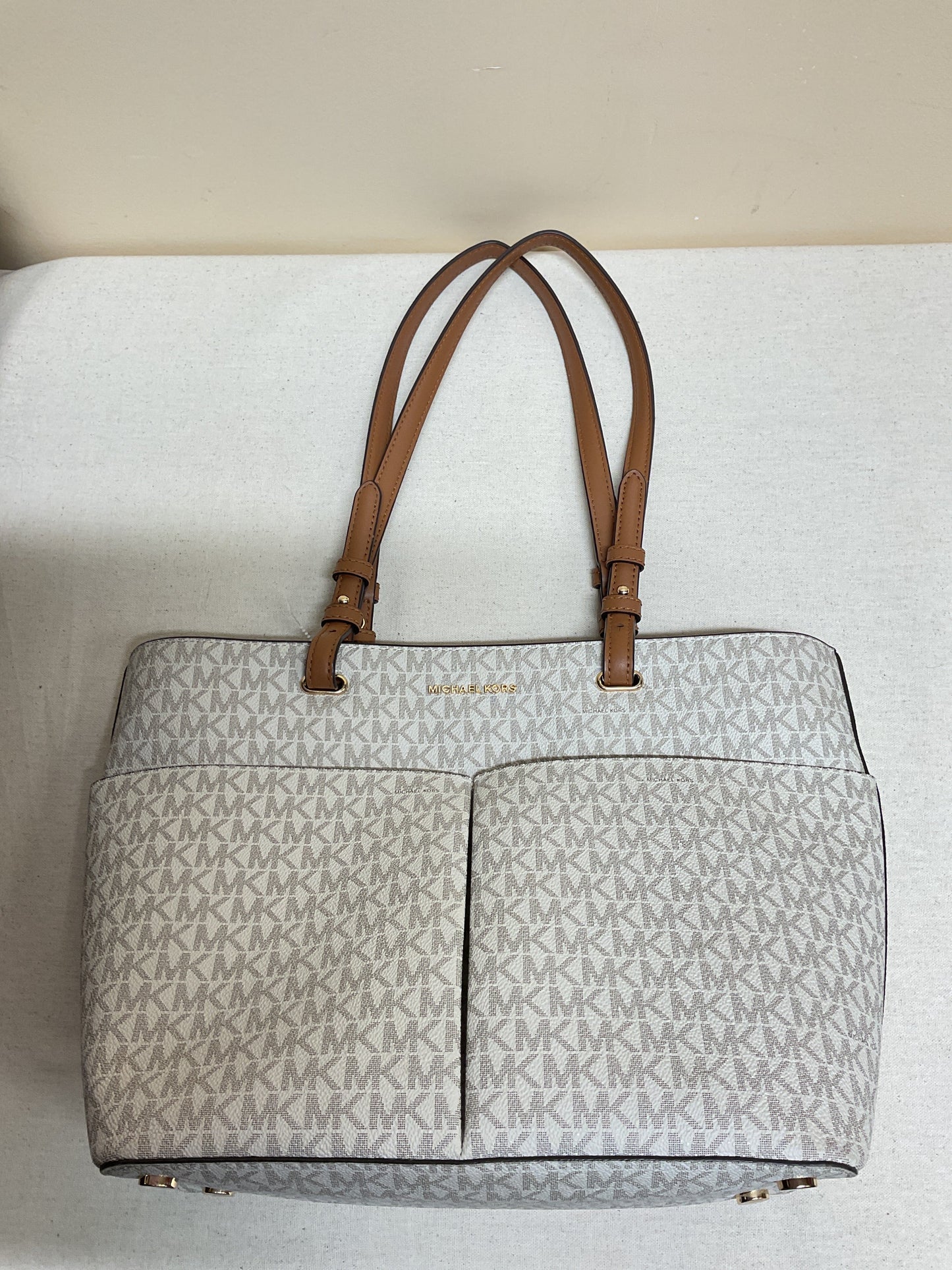 Handbag Designer By Michael Kors In Brown & Cream, Size:Medium