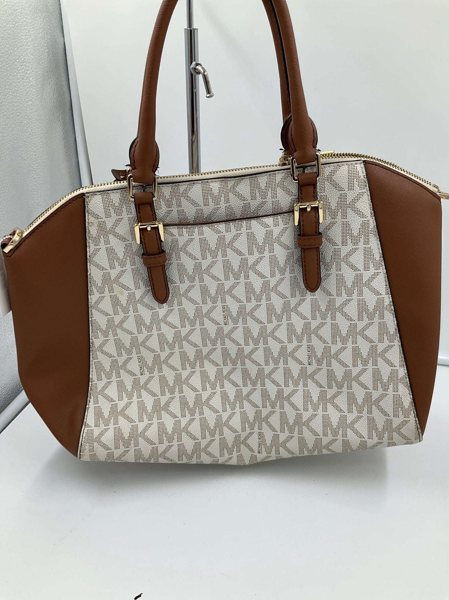 Handbag Designer By Michael Kors In Brown & White, Size:Medium