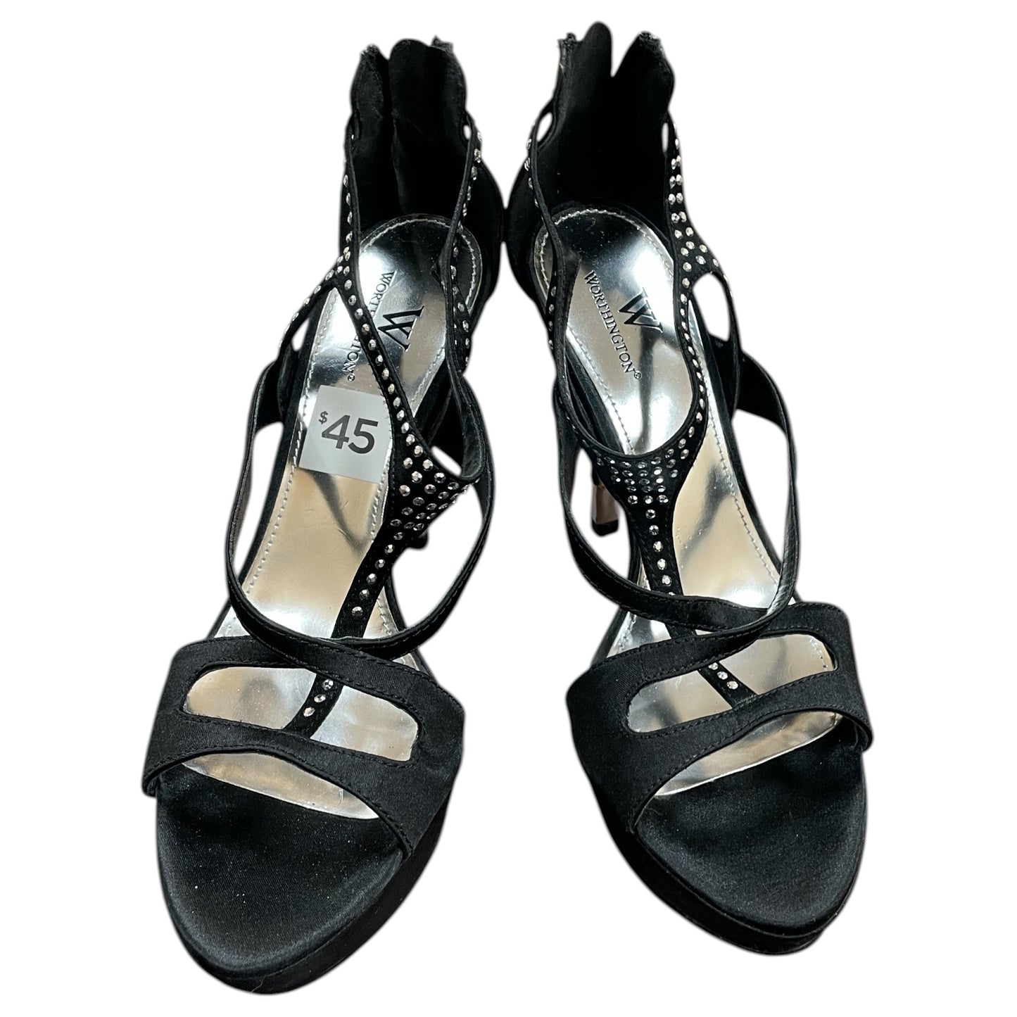 Sandals Heels Stiletto By Worthington In Black & Silver, Size:6.5