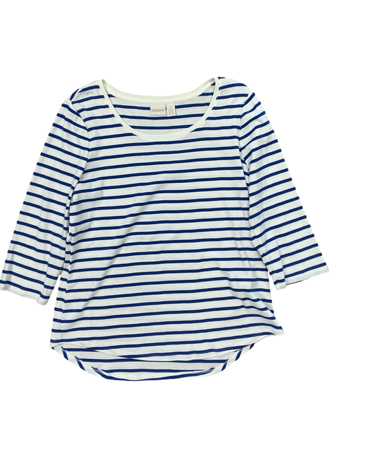 Top 3/4 Sleeve By Chicos In Blue & White, Size:L