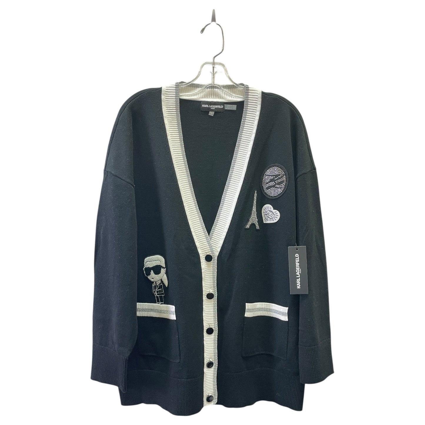 Sweater Cardigan Designer By Karl Lagerfeld In Black & White, Size:L