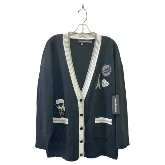 Sweater Cardigan Designer By Karl Lagerfeld In Black & White, Size:L