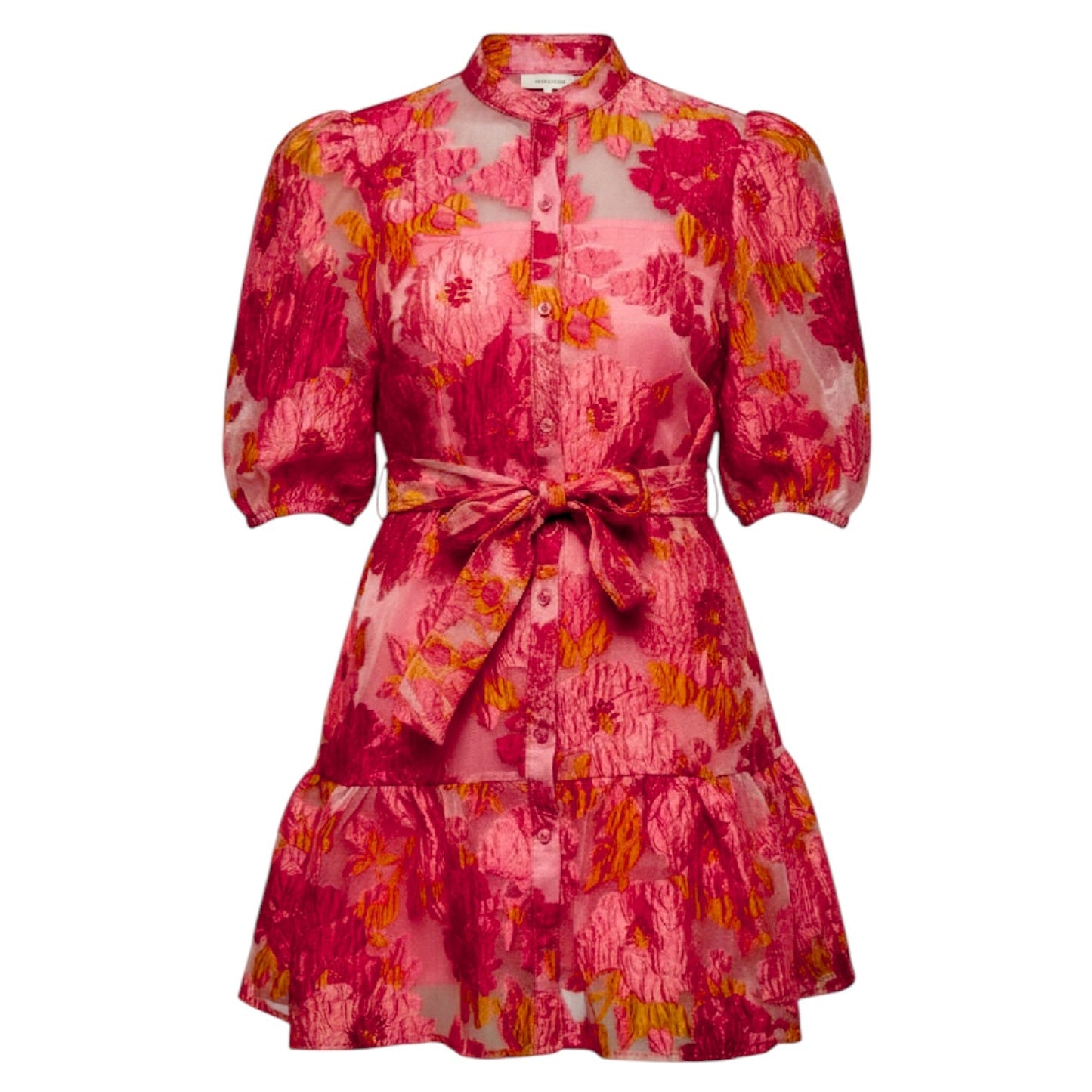 Floral Jacquard Puff Sleeve Organza Belted Dolly Dress By Chicwish In Pink, Size: S