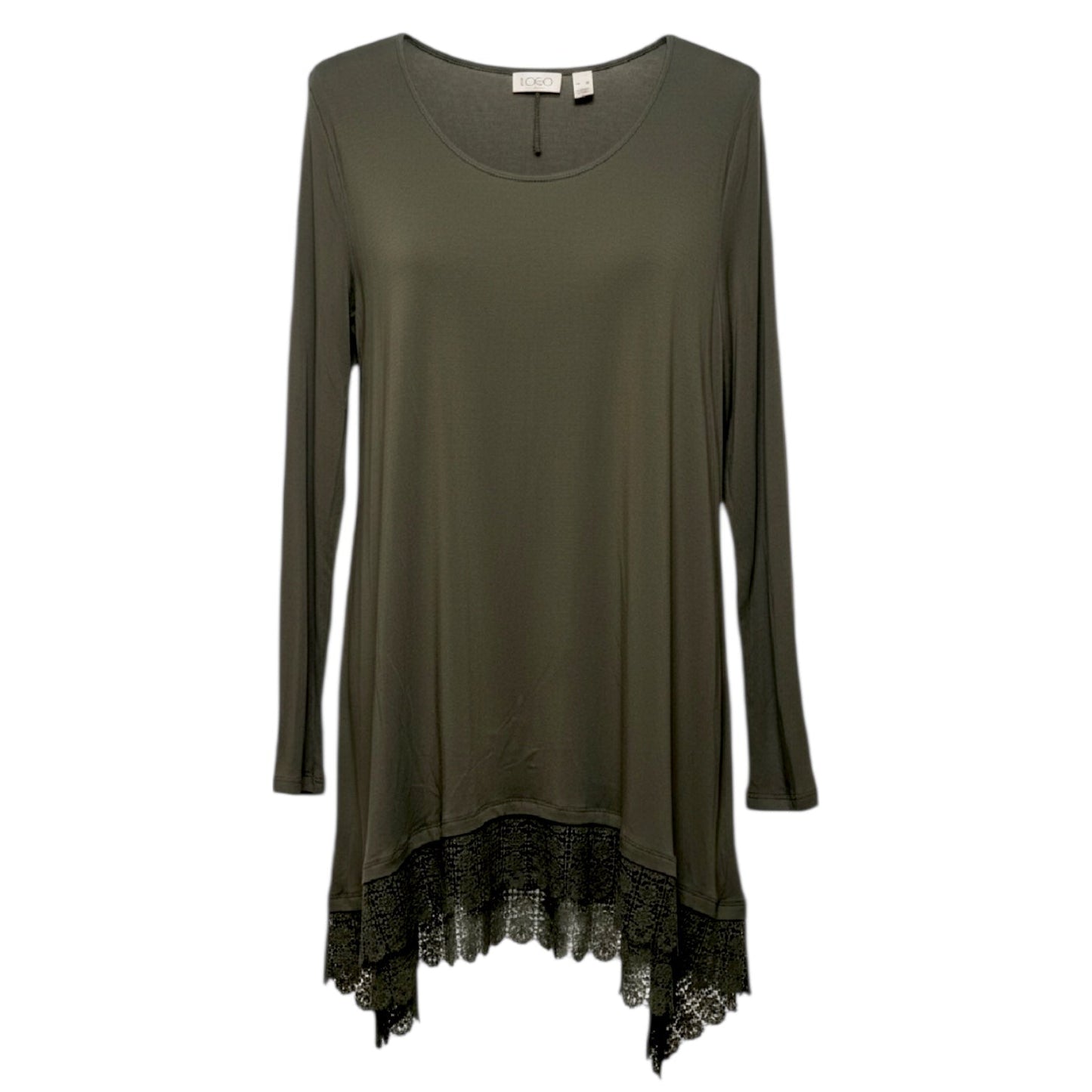 Lace Hem Tunic Top Long Sleeve By Logo By Lori Goldstein In Green, Size: XL