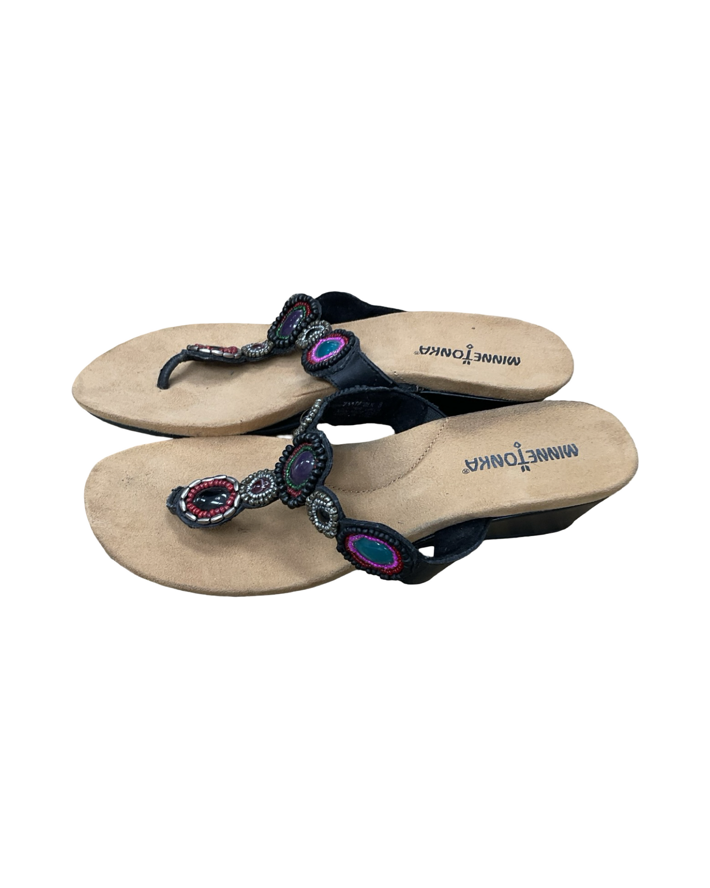 Sandals Heels Wedge By Minnetonka In Black & Tan, Size:8