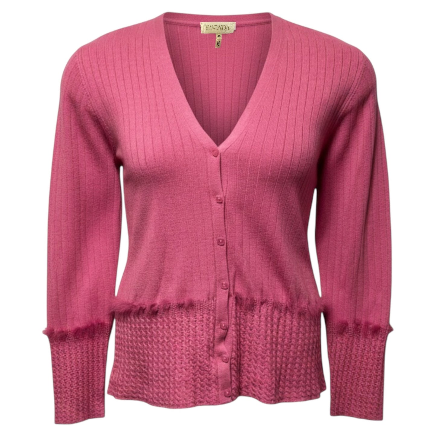 Cashmere Blend Rabbit Fur Trim Ribbed Cardigan Sweater Designer By Escada In Pink, Size: M (40 EU)