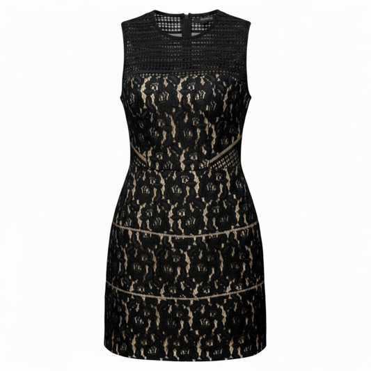 Illusion Mesh Lace Fit and Flare Cocktail Dress By Aidan Mattox In Black & Cream, Size: 2