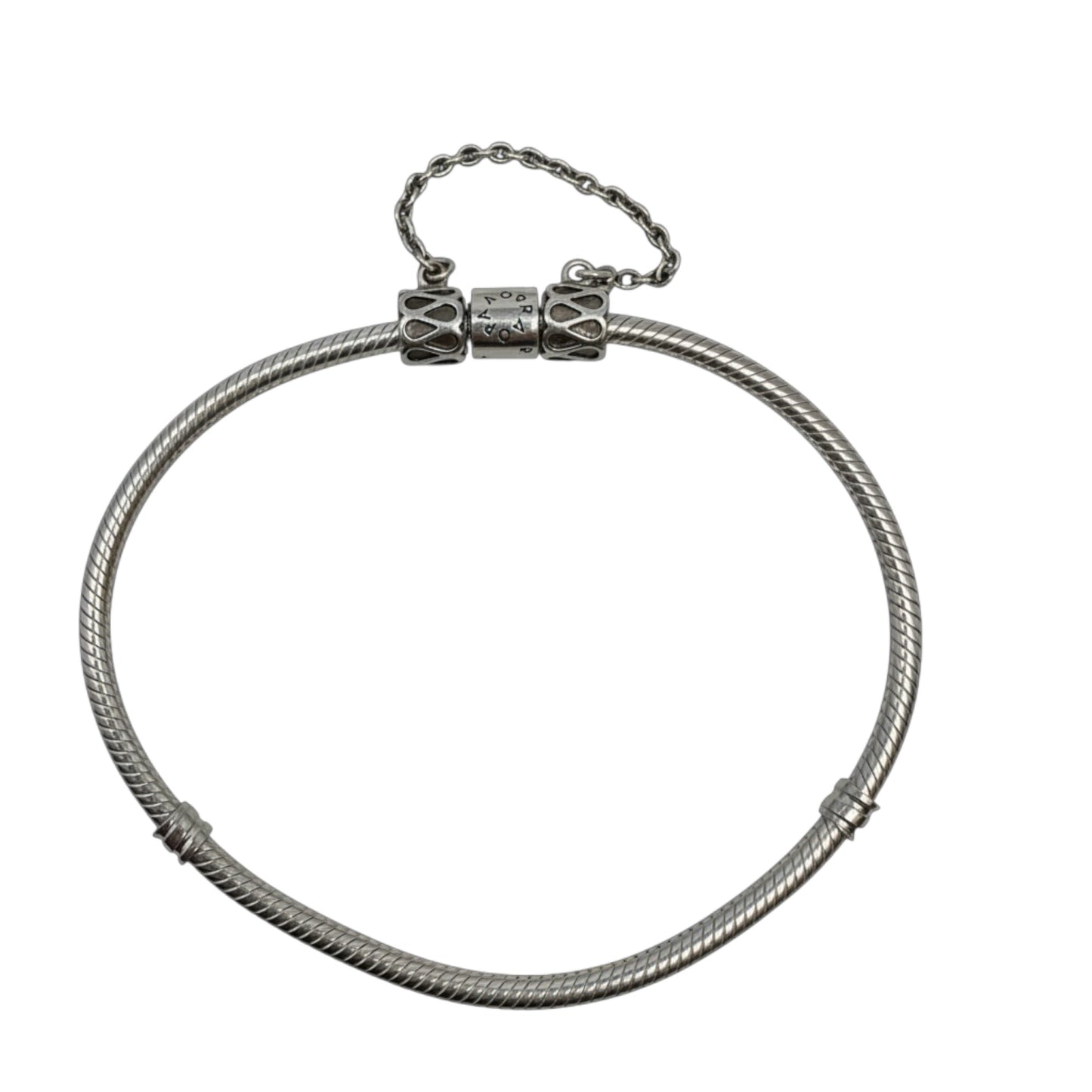 Moments Sterling Silver Barrel Clasp Snake Chain Bracelet With Raindrop Safety Chain By Pandora