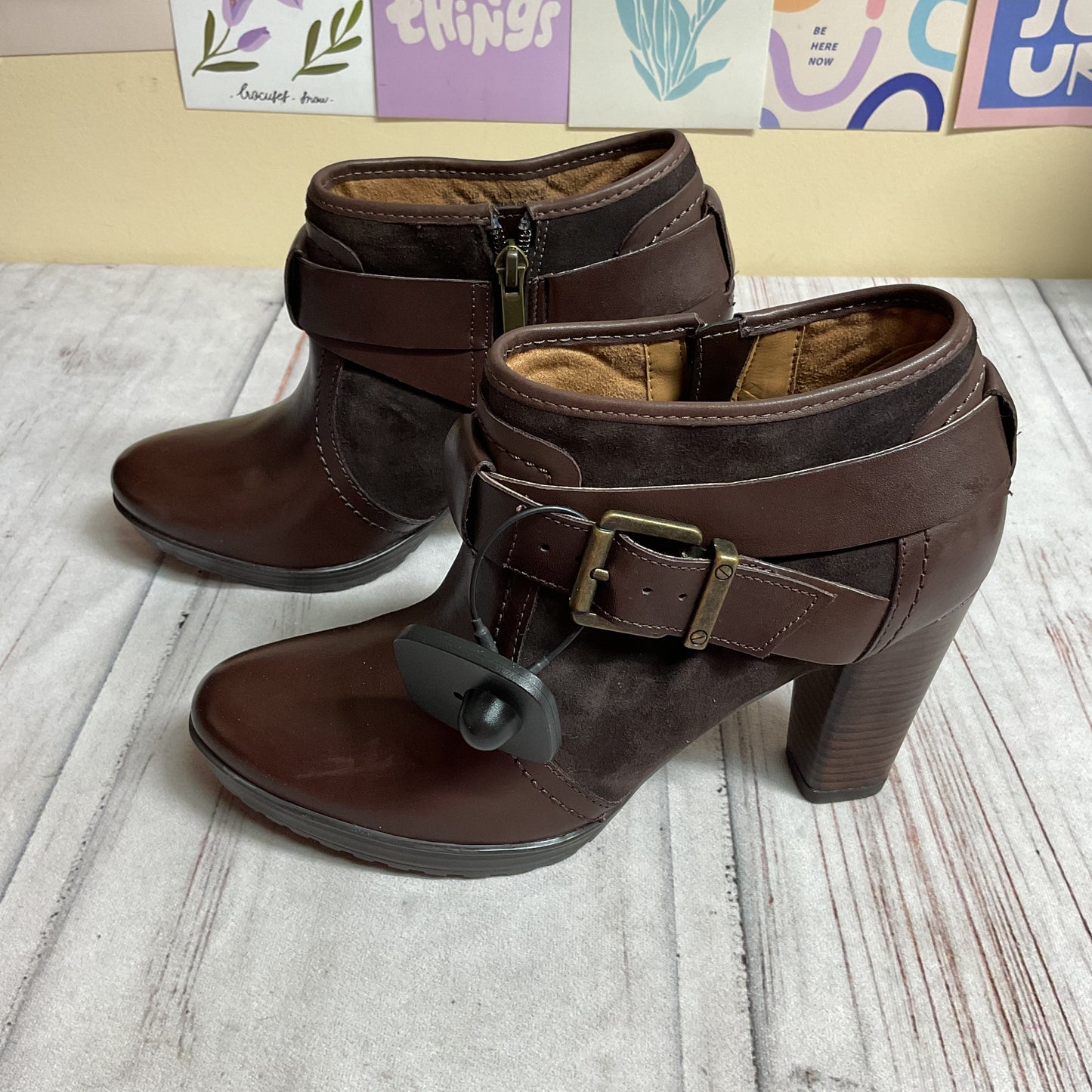 Boots Ankle Heels By Clarks In Brown, Size:7.5