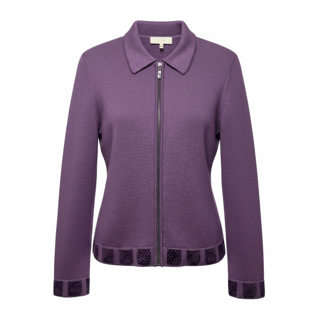 Cashmere Blend Zip Front Cardigan Sweater With Snakeskin Embellishment Designer By Escada In Purple, Size: L (42 EU)