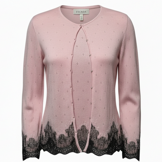 Cashmere Silk Blend Cardigan Sweater Twin Set Designer By Escada In Pink, Size: M