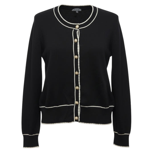 Crew Neck Cardigan Sweater With Stitch Detail By Adrianna Papell In Black & Cream, Size: L