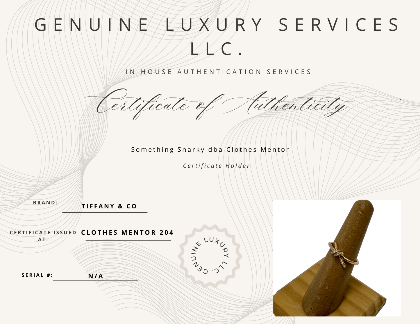 Tiffany & Company 18K Rose Gold Diamond Knot Luxury Ring, Size: 5.5