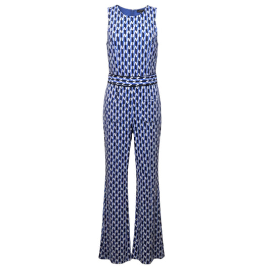 Ponte Knit Wide-Leg Jumpsuit By Maeve In Blue Motif Geometric Pattern, Size: XS
