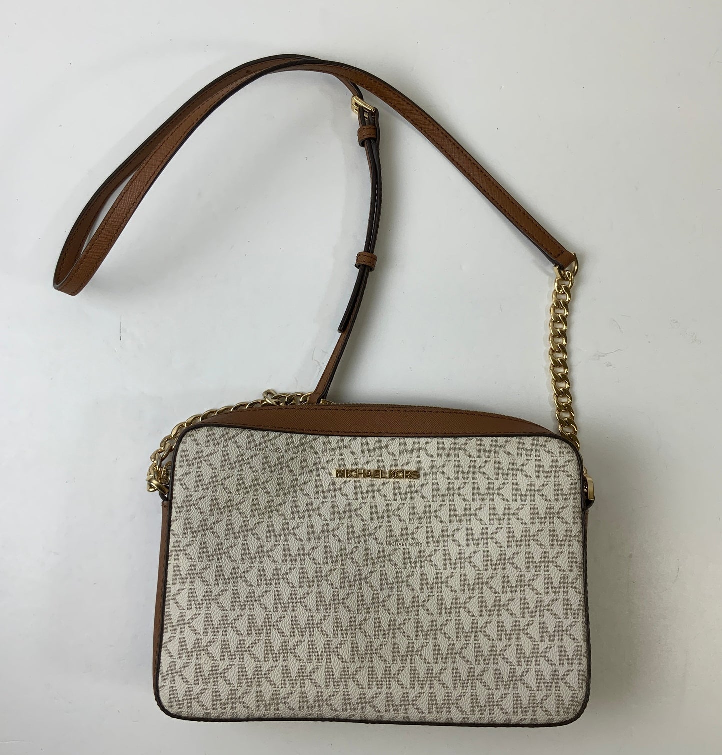 Crossbody Designer By Michael Kors In Brown & Cream, Size:Medium