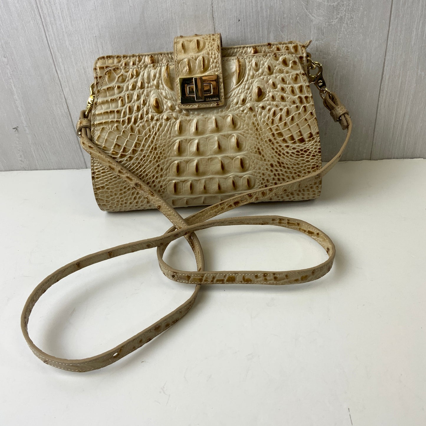 Crossbody Designer By Brahmin In Tan, Size:Small