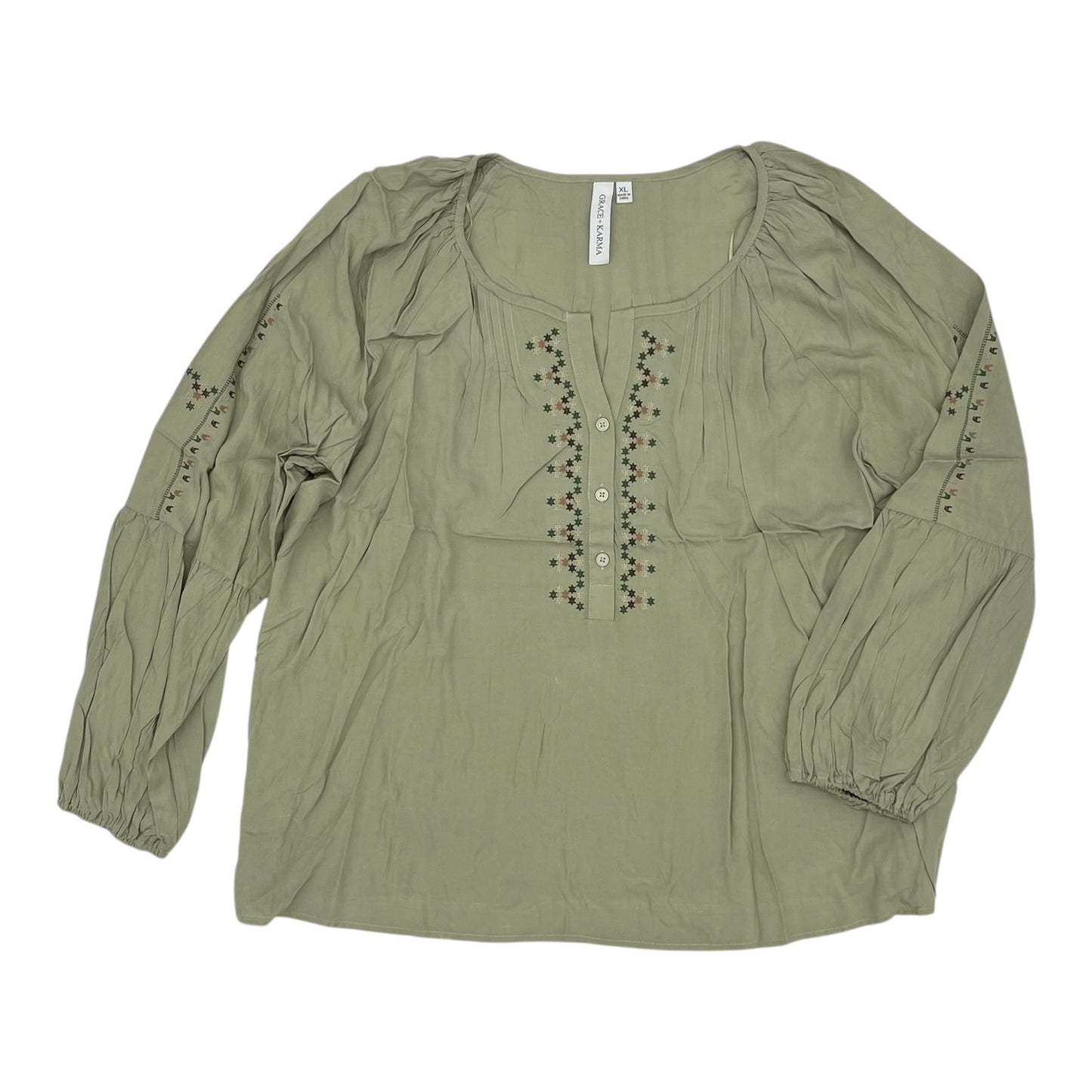 Blouse Ls By Grace + Karma In Green, Size:Xl