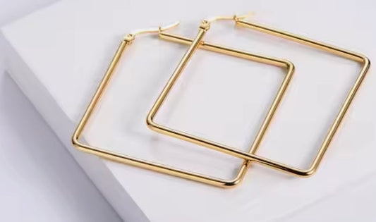 NEW! 18k gold plated dangle square shaped pendant oversized geometric hoop earrings