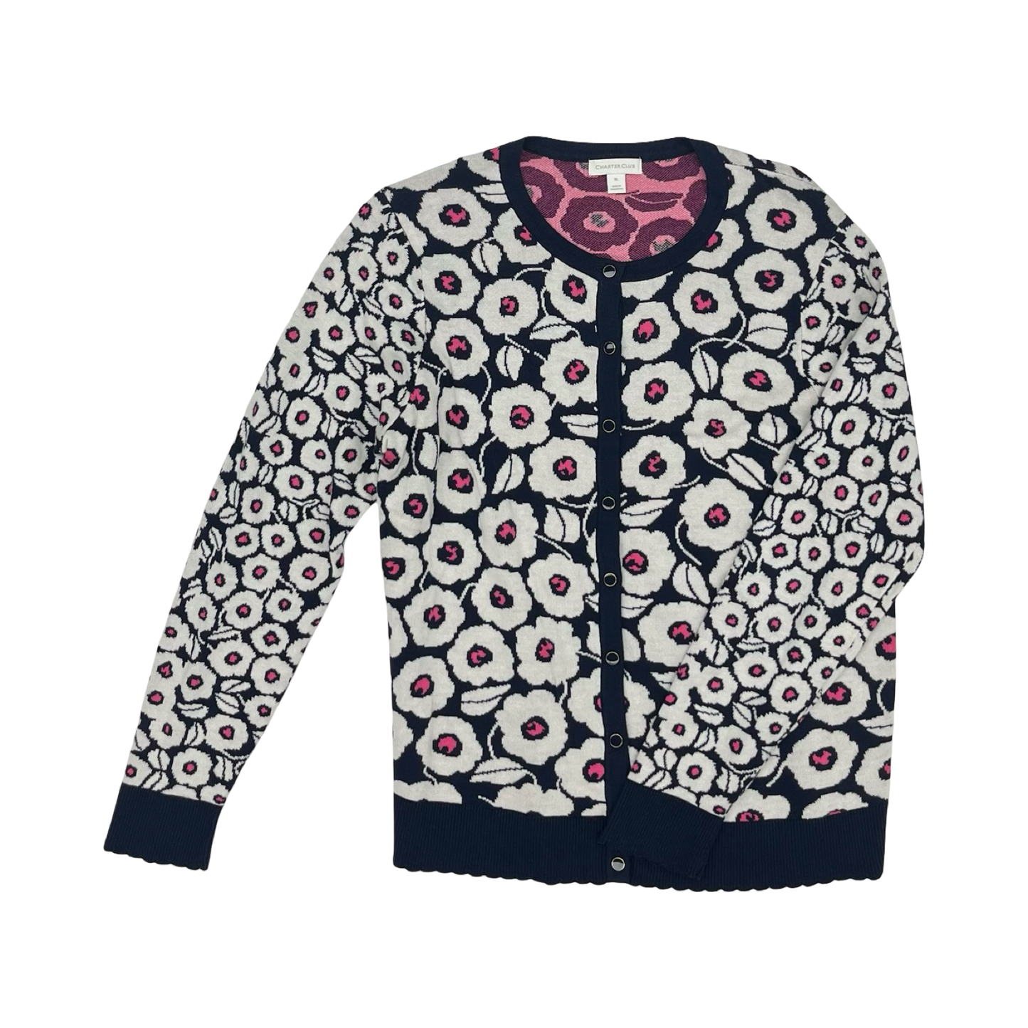 Sweater Cardigan By Charter Club In Blue & White, Size:Xl